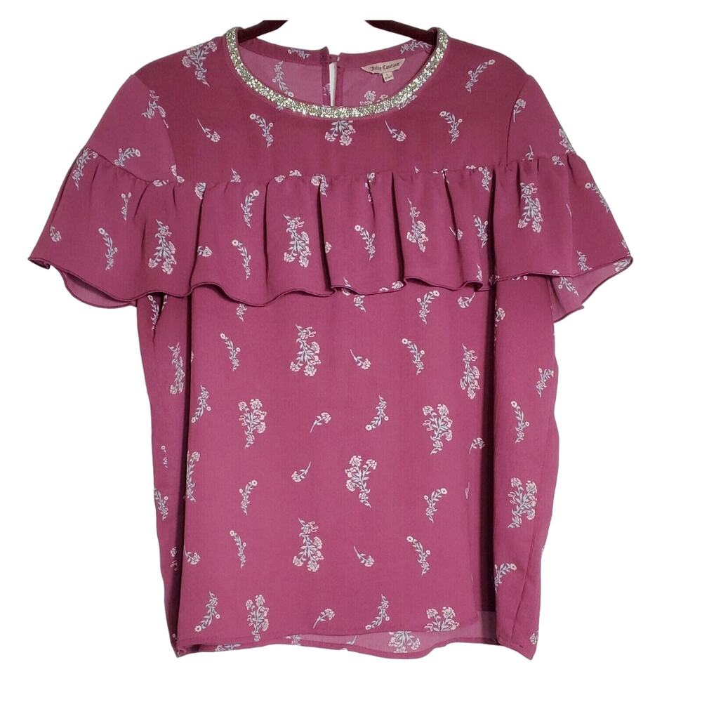 Juicy Couture Cranberry Floral & Rhinestones Cap Sleeve Y2K Blouse Size L